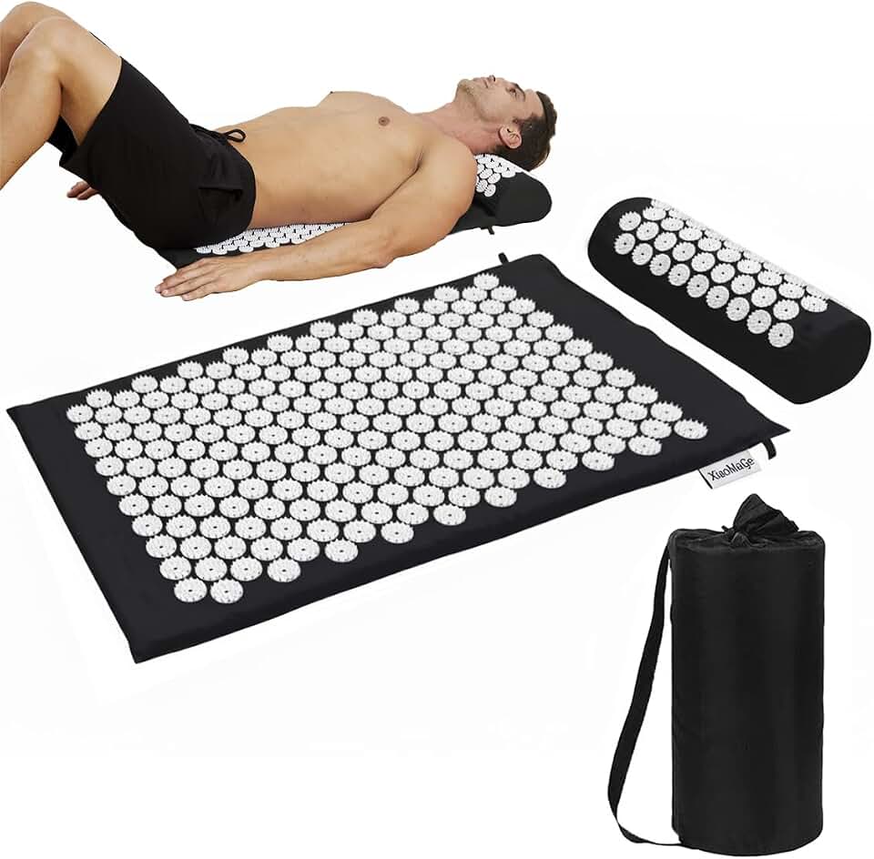 XiaoMaGe 28.7" Acupressure Mat and Pillow Set with Carry Bag (Black) | Large acupuncture mat for neck &amp; back pain relief, muscle relaxation, circulation support, and post-workout recovery
