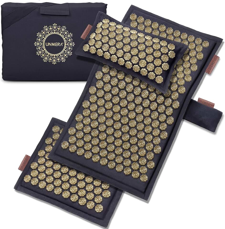 UNMERA Acupressure Mat and Pillow Set,Natural Linen &amp; Coconut Fiber Filling | Back/Neck Pain Relief, Sciatic, Headache and Muscle Relaxation, Comes with Carrying Bag