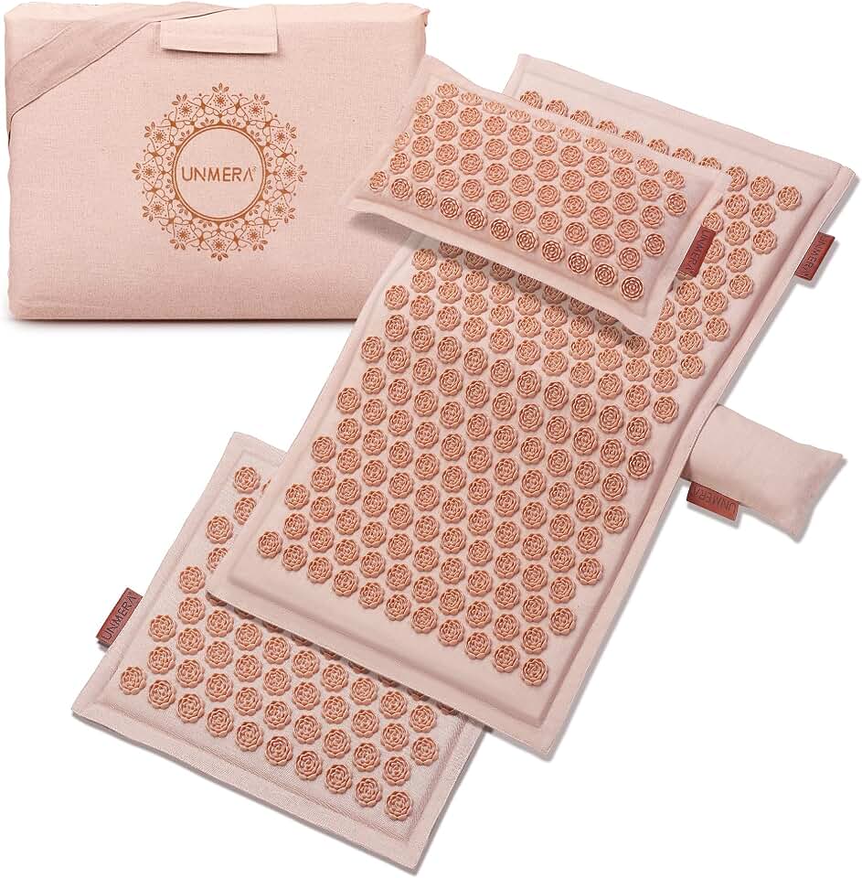 UNMERA Acupressure Mat and Pillow Set,Natural Linen &amp; Coconut Fiber Filling | Back/Neck Pain Relief, Sciatic, Headache and Muscle Relaxation, Comes with Carrying Bag