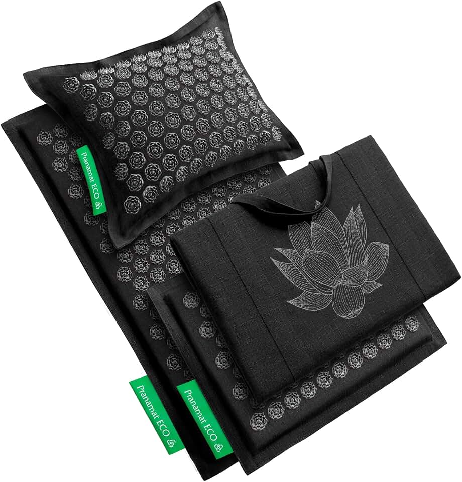 Pranamat Acupressure Large &amp; Small Mat with Pillow and Bag Set, Premium Acupressure Therapy for Pain Relief and Relaxation, Handcrafted in Europe with Sustainable and Natural Materials (Obsidian)