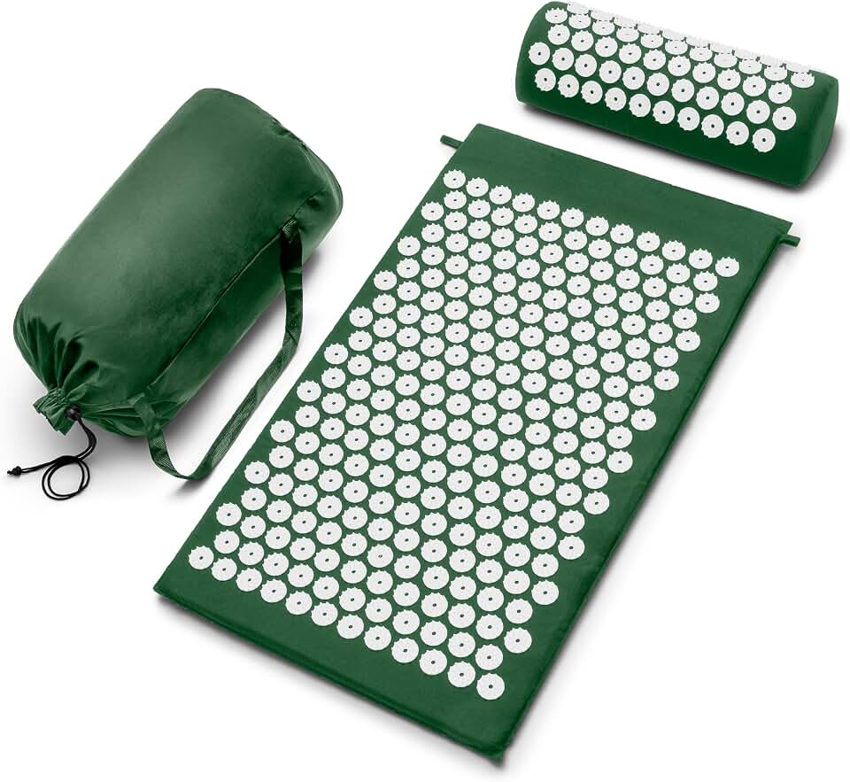 Sivan Acupressure Mat &amp; Pillow Set for Back &amp; Neck (Large, Green/White) | Grounding for stress and pain, acupuncture-point massage, muscle relaxation, sciatica and meditation; includes carry bag.