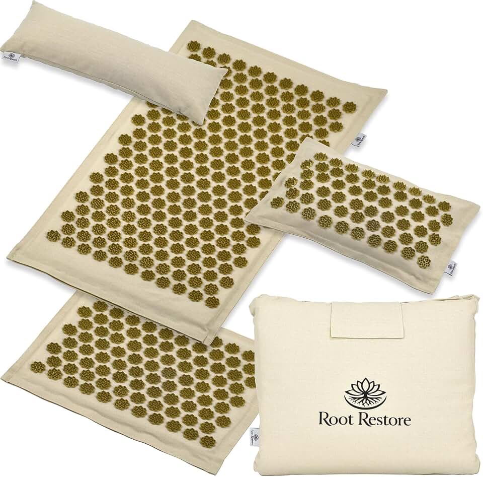 Acupressure Mat and Pillow Set — 4 Piece Full Body Set — Natural Linen &amp; Coconut Fiber — Back Neck Pain Relief, Muscle Relaxation, Stress Relief — Includes Carry Bag