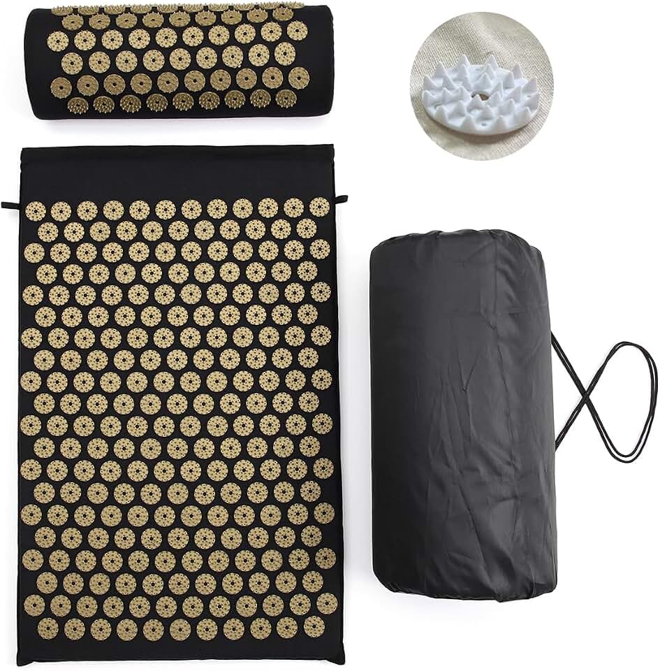 Acupressure Mat and Pillow Set for Back/Neck Pain Relief and Muscle Relaxation (Black/Gold)