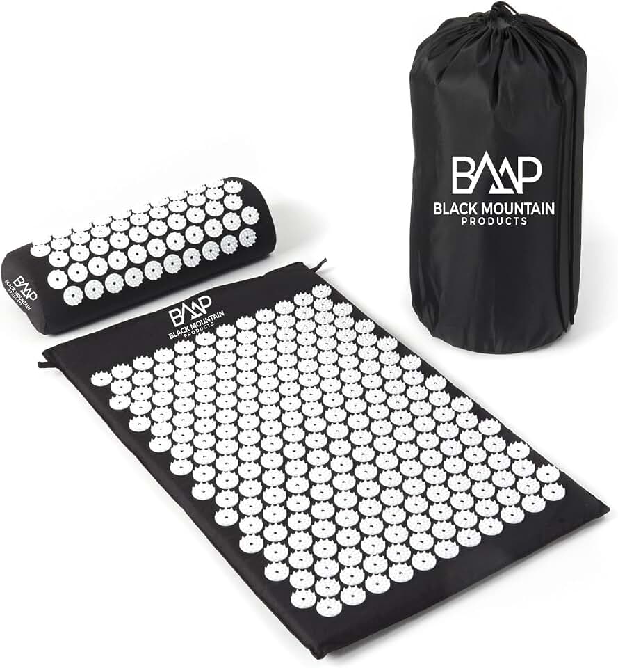 Black Mountain Products Acupressure Mat with Pillow &amp; Carrying Bag - Acupressure Mat for Trigger Pt. Massage Therapy, Black