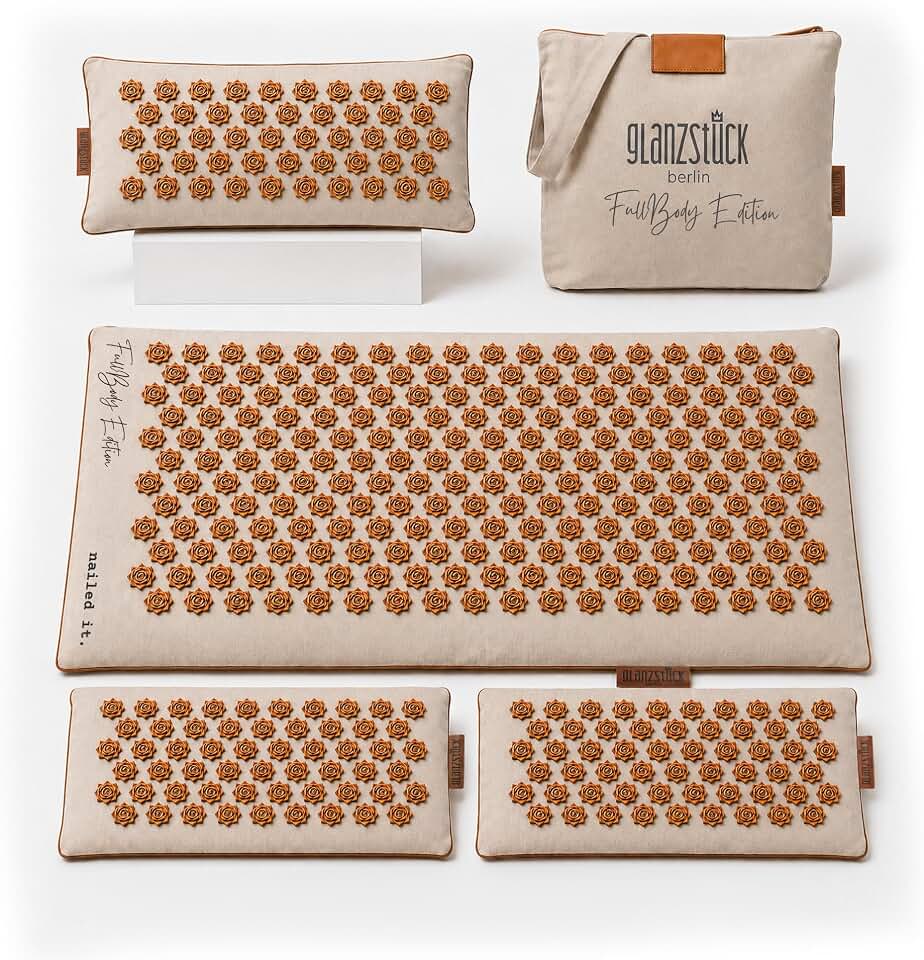Glanzstück Berlin® XXL Acupressure Mat Set Fullbody Edition - 9,350 Flower Tips, 2 Add- On Modules, Linen Cover, Coconut Fiber Fill, Pillow &amp; Carry Bag - Up to 42.5" x 16.5" Full Body Massage Mat