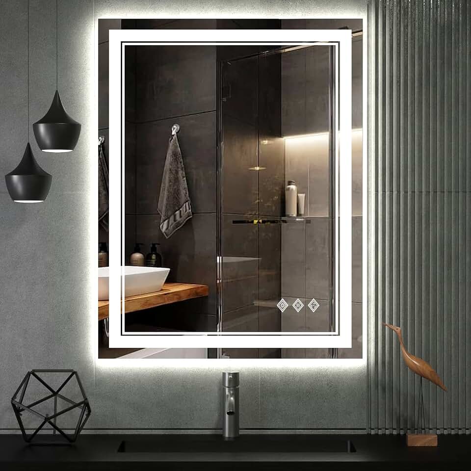LED Bathroom Mirror, 24x32 Inch Vanity Mirror with Lights | Gradient Front and Backlit Bathroom Mirror with Lights, 3 Colors Dimmable CRI>90, IP54 Enhanced Anti-Fog, Hanging Plates Recycled Claim Standard Blended