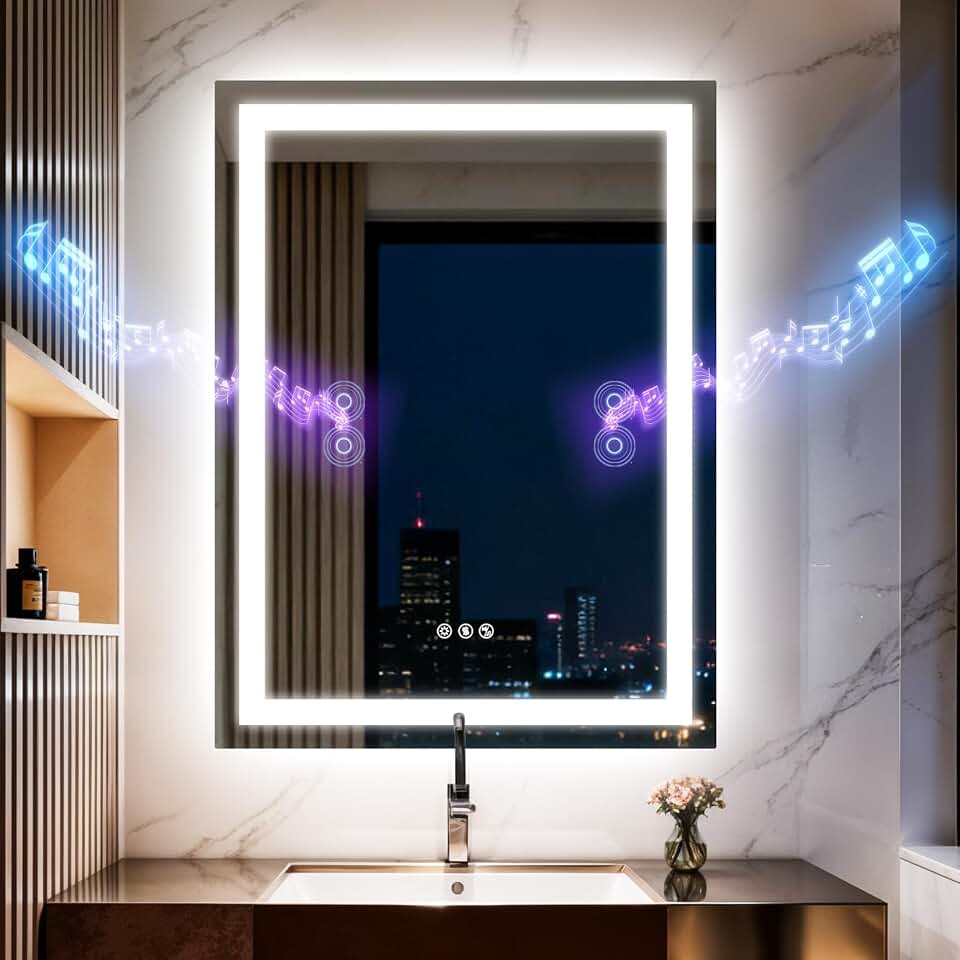 24"x32" LED Bathroom Mirror with Lights,Bluetooth Dual Speaker | Anti-Fog,3 Color Temperature,Dimmable Brightness,Memory Function,Waterproof,Wall Mount Design,Tempered Glass