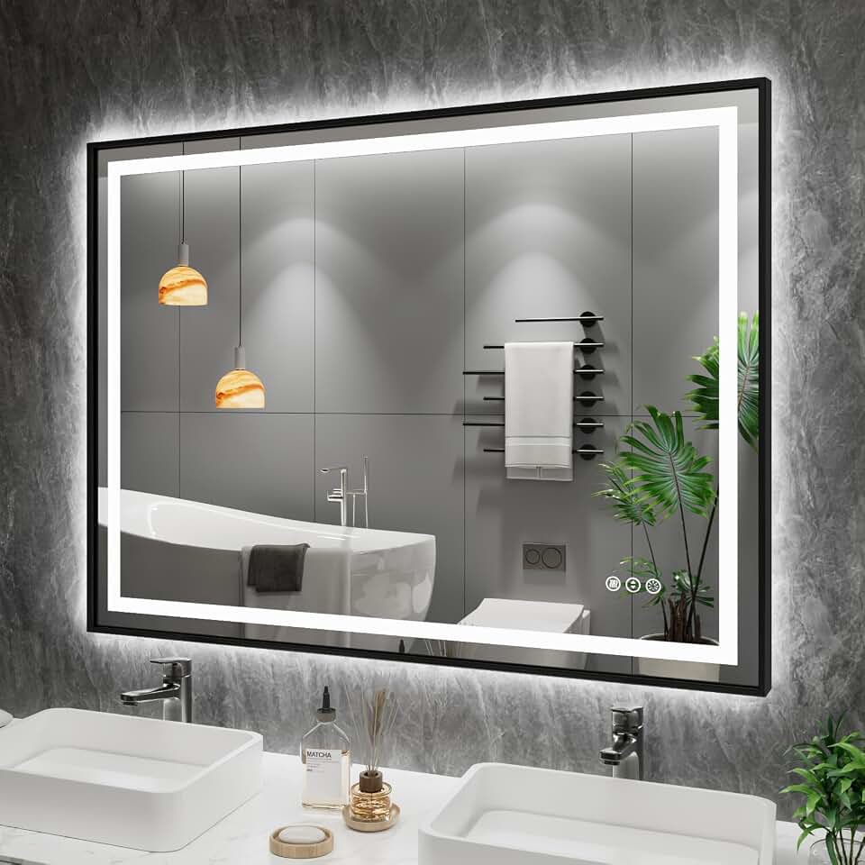 Amorho LED Bathroom Mirror, 48"X40" Front Lit and Backlit with Black Frame | Metal Framed Mirror, Stepless Dimmable, HD Reflection, Anti-Fog, Shatter-Proof, Memory, 3 Colors Lighting, UL Listed.