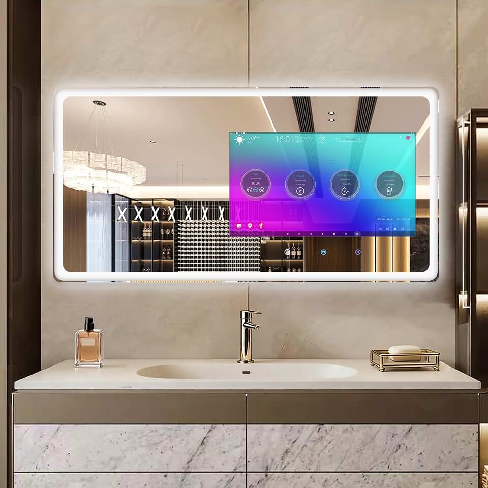 39×20 Inch Smart Vanity Bathroom Mirror with 21.5" Waterproof Touchscreen TV, Android OS, WiFi/Bluetooth/HDMI, Anti-Fog, 3-Color LED Lights for Bathroom,Bedroom,Hotel&amp;Spa Wall Mounted