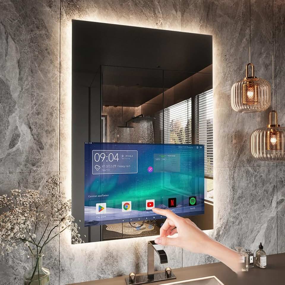 24x32 Inch LED Smart Bathroom Mirror with 21.5" Hidden Touchscreen System | Android 11,Anti-Fog,IP66 Waterproof,3-Color LED Light,Clock&amp;Weather Display,Built-in Speaker,WiFi Bluetooth HDMI,Wall-Mounted
