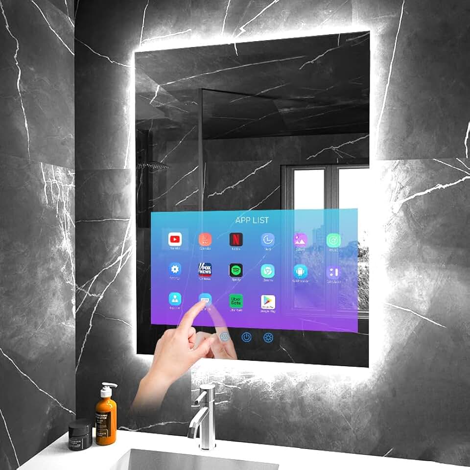 32"x24" Smart Waterproof Anti-Fog Vanity Mirror with 21.5" Touch Screen TV | Adjustable 3-Color LED, Bluetooth/WiFi/HDMI, Android OS, Streaming Apps, For Bathroom &amp; Bedroom