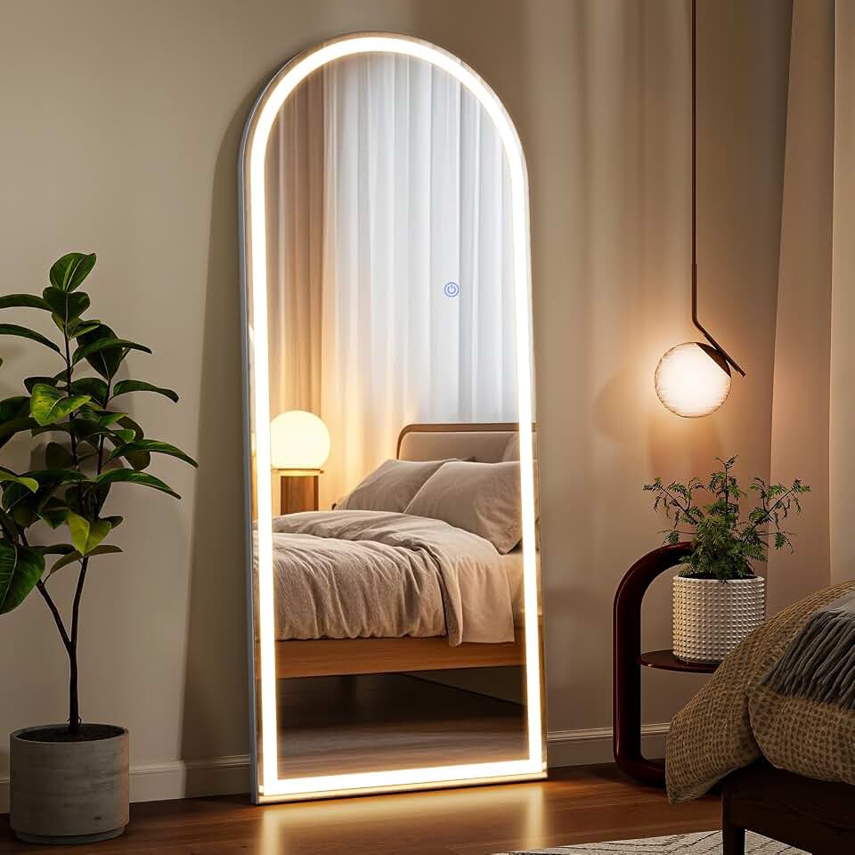 VooBang 56"x21" LED Arched Mirror Full Length with Dimmable Lights | Floor Body Mirror with 3 Color Modes, Standing Leaning Wall Mounted for Bedroom, Dressing Room, Living Room