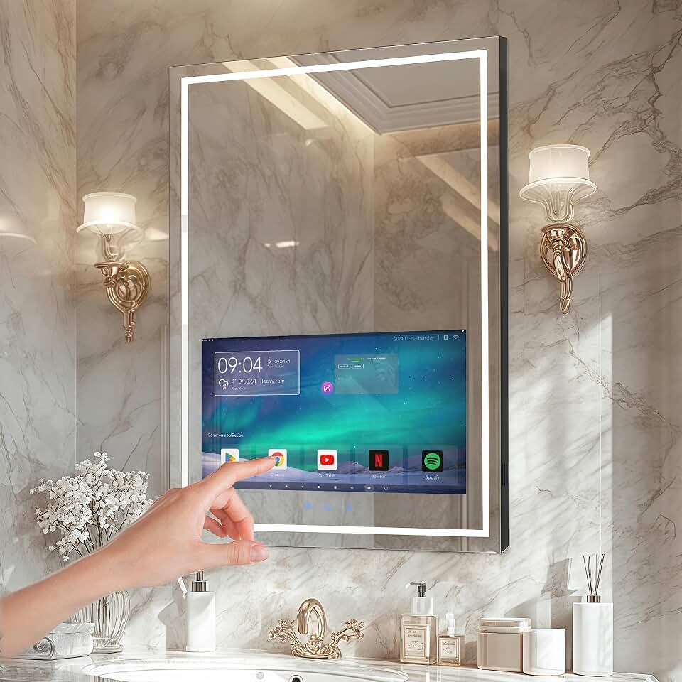 24x32 Inch LED Smart Bathroom Mirror with 21.5" Hidden Touchscreen System | Android 11,Anti-Fog,IP66 Waterproof,3-Color LED Light,Clock&amp;Weather Display,Built-in Speaker,WiFi Bluetooth HDMI,Wall-Mounted
