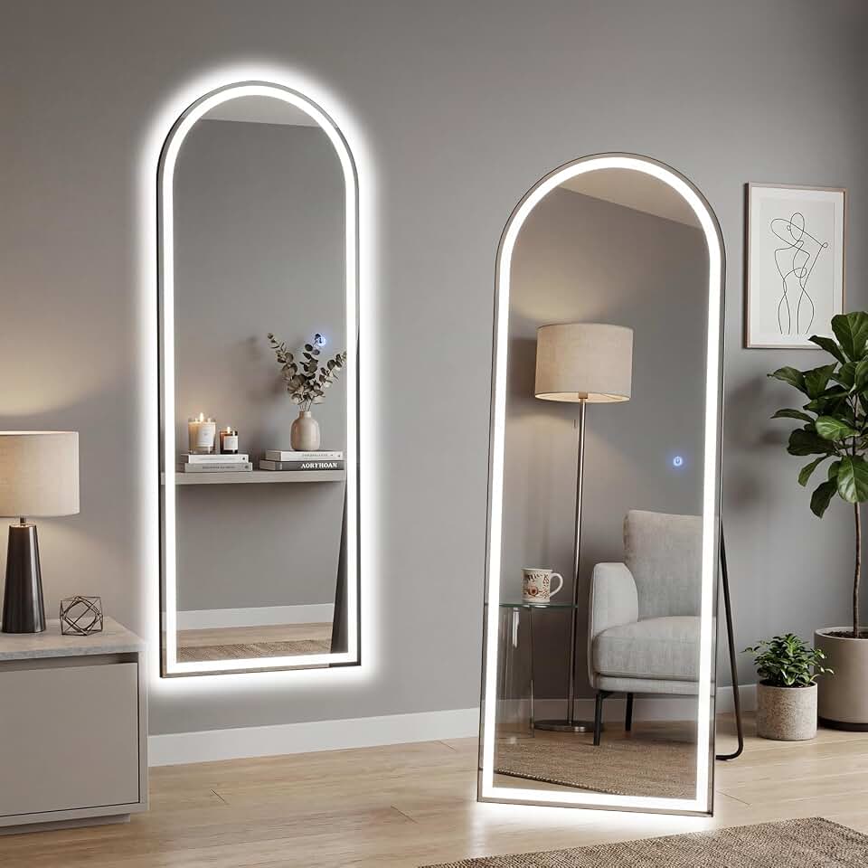 16"x60" Arched LED Full Length Mirror with Stand, Full Body Mirror | LED Lights 3 Color Lighting, Wall Hanging or Leaning, Floor Standing, Modern Simple Home Wall Decor