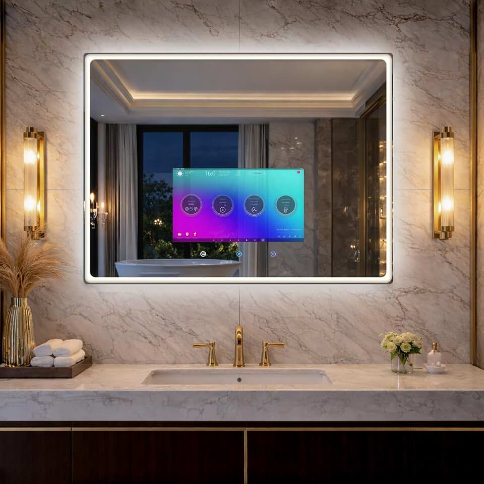 32×24 Inch Smart Vanity Bathroom Mirror with 15.6" Waterproof Touchscreen TV, Android OS, WiFi/Bluetooth/HDMI, Anti-Fog, 3-Color LED Lights for Bathroom,Bedroom,Hotel&amp;Spa Wall Mounted