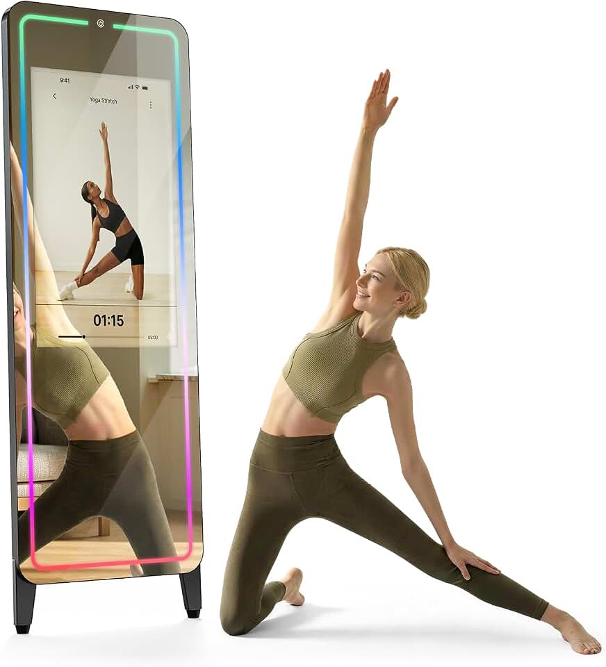 Smart Gym Mirror for Home Workouts, 32" HD Touchscreen with Android OS, 63" Full-Length Mirror, No Subscription Required, Fitness App Support, Voice Control &amp; Music Sync LED Light Strip
