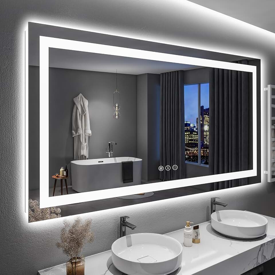 60x36 LED Bathroom Mirror with Lights, Lighted Vanity Mirror | Backlit and Front Light, Anti-Fog, 3 Color Dimmable, Memory, Tempered Glass, IP54 Waterproof, UL Listed