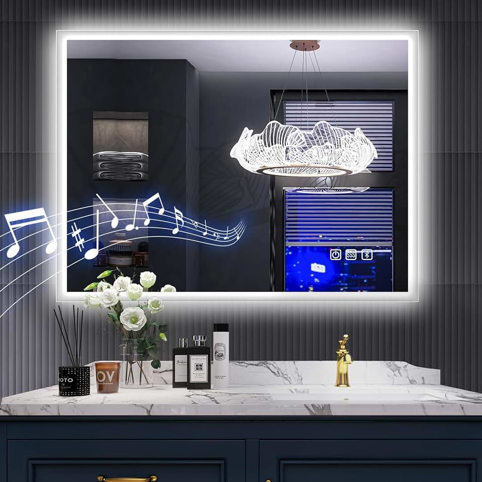 SBAGNO 24''x32'' LED Bathroom Mirror with Lights, Bathroom Vanity Wall Mirror with Bluetooth, Anti-Fog, Stepless Dimmable, 3 Colors, Tempered Glass Lighted Vanity Smart Mirror for Bathroom
