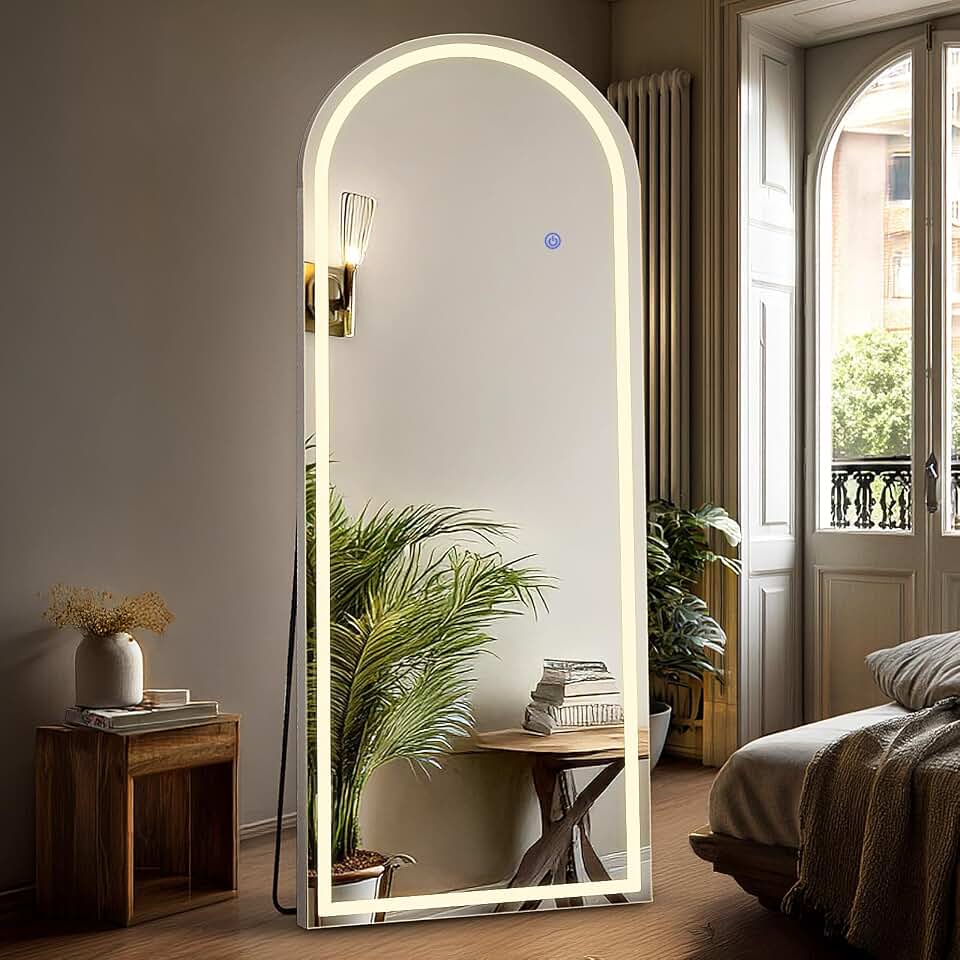 DUMOS Arched Full Length Mirror Lighted, 20"x63" LED Floor Standing Mirror | LED Lights 3 Color Lighting and Shatterproof Tempered Glass, Wall Hanging or Leaning, Floor Standing, Modern Home Decor
