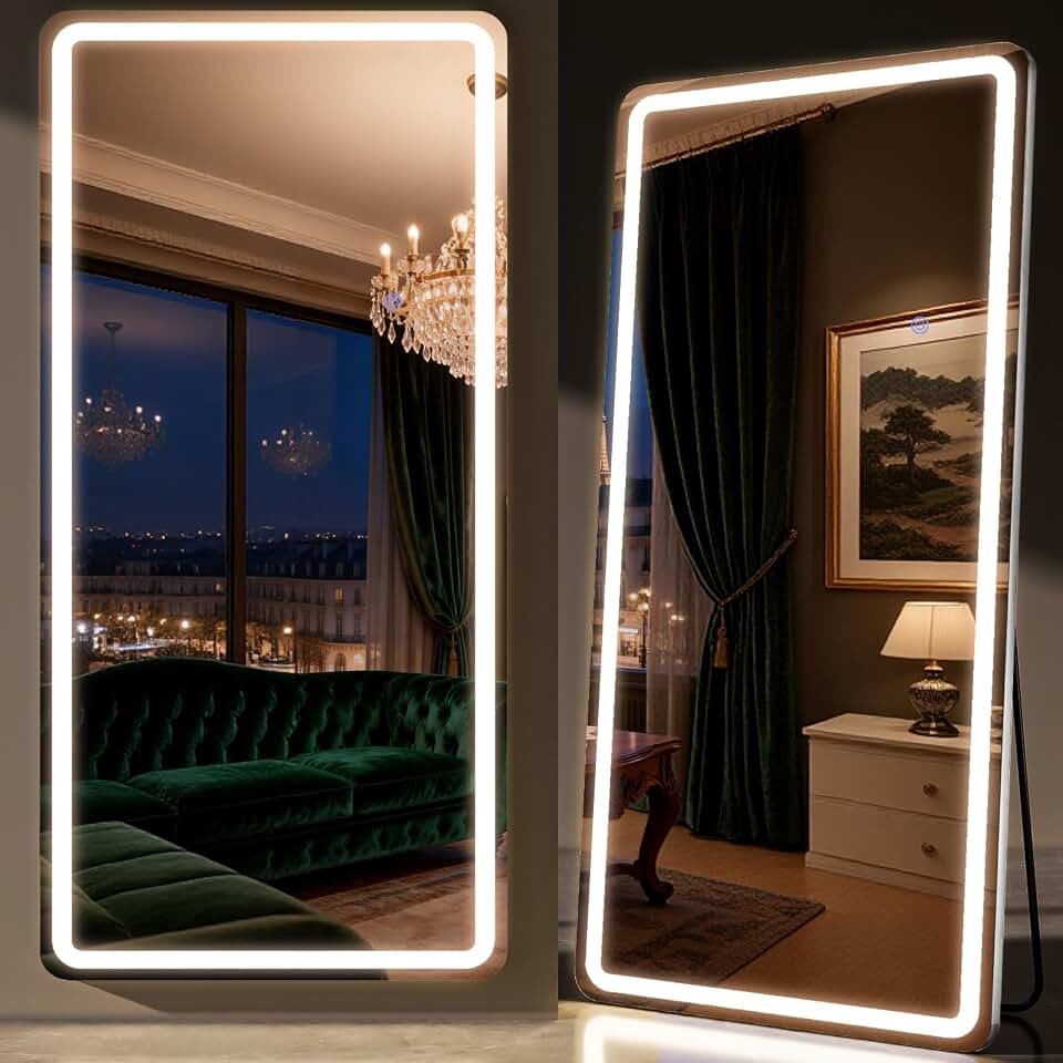 LED Full Length Mirror 32 x 71 Inch for Party Wedding | Floor Mirror with Dimming &amp; 3 Color Lighting, Standing Leaning or Hanging for Bedroom Cloakroom White