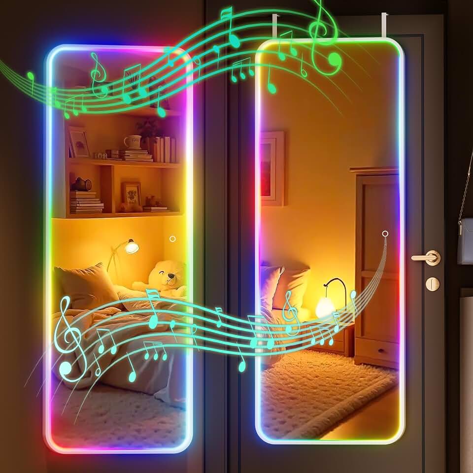 Hasipu 43"x16" LED RGB Bluetooth Door Mirror Full Length, Full Body Full Length Over The Door Mirror with Lights, Door Hanging &amp; Wall Mounted Mirror for Bedroom, Living Room, Cloakroom