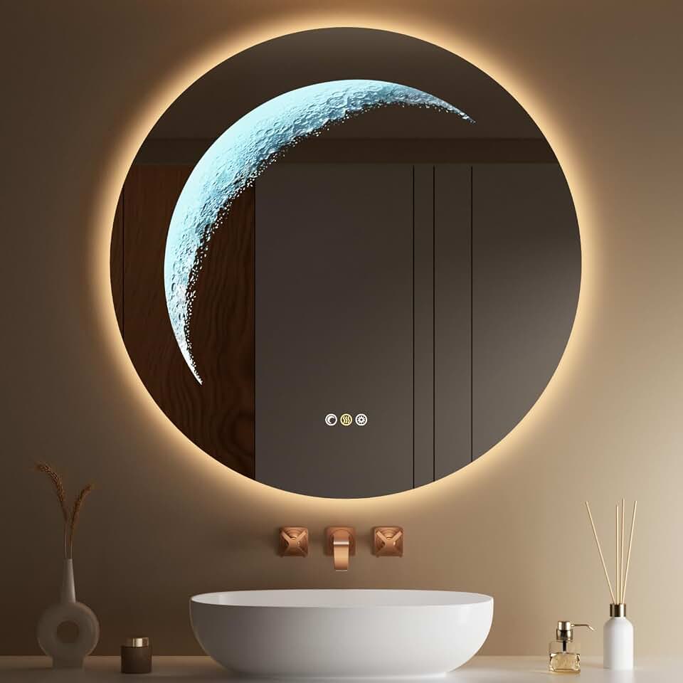30'' Circle LED Mirror, Frameless Round Smart Mirror with Backlit &amp; Half Moon Light, Anti-Fog, 3 Color Modes, Dimmable Wall-Mounted LED Vanity Mirrors for Bathroom, Bedroom, Entryway