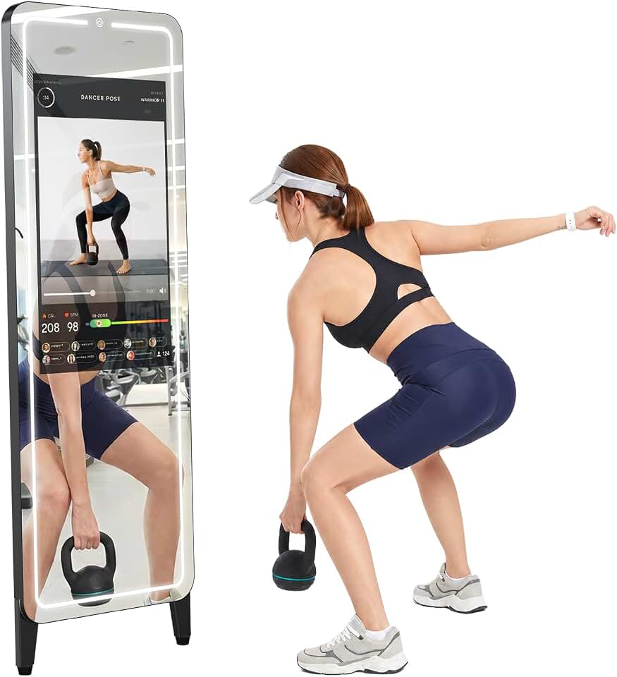 Smart Fitness Mirror, 32 Inch HD Touchscreen, 63 Inch Full-Length Workout Mirror, Android 12, RGB Music Sync, Wall Mount/Stand