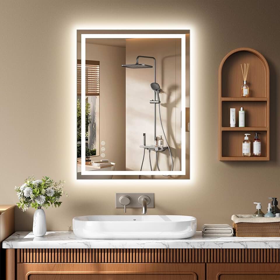 24x32 LED Bathroom Mirror Anti-Fog Dimmable Front&amp;Backlit 3 Color Temp | Tempered Glass With Tri-Color Led, Anti-Fog Heating Tech, Touch Sensor, Waterproof Wall-Mounted For Vanity Makeup Shaving