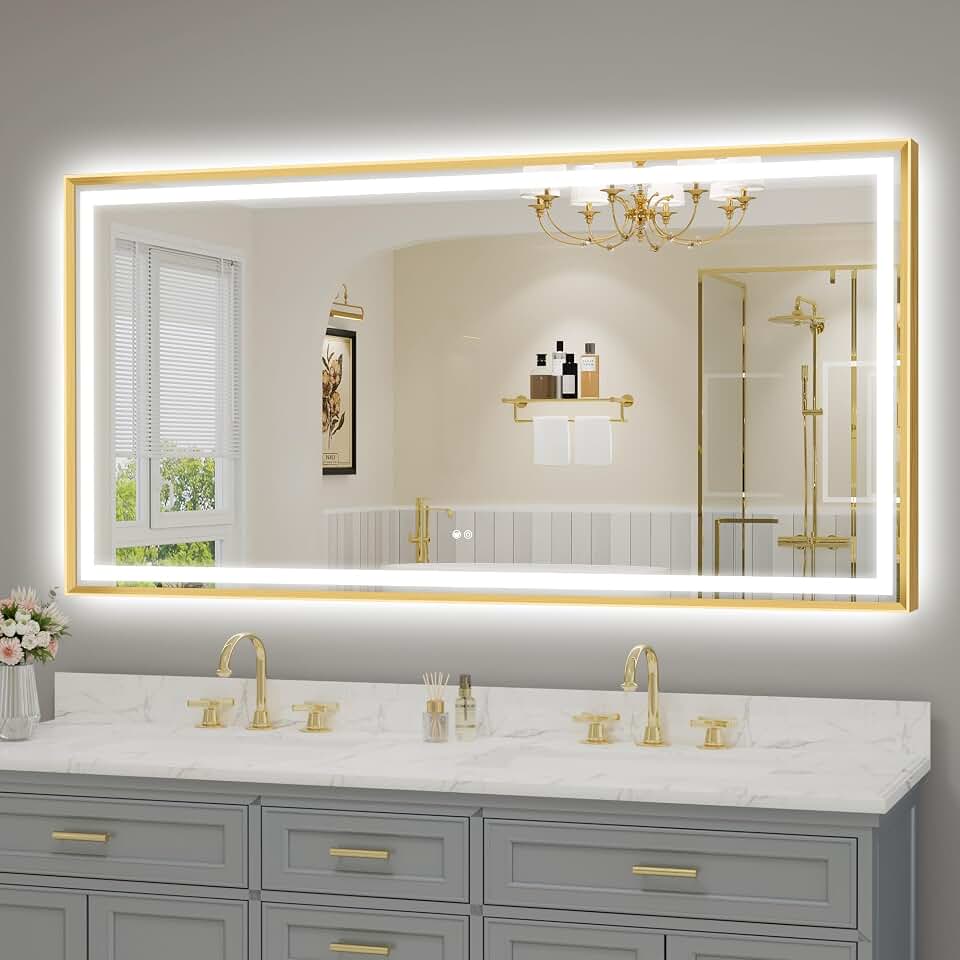 LED Bathroom Mirror 72"x36" Inch Brushed Gold Metal Frame Lighted Bathroom Vanity Mirror with Lights, Brighter Frontlit and Backlit Light up Anti Fog Mirror, 3-Color Dimmable, Memory Function
