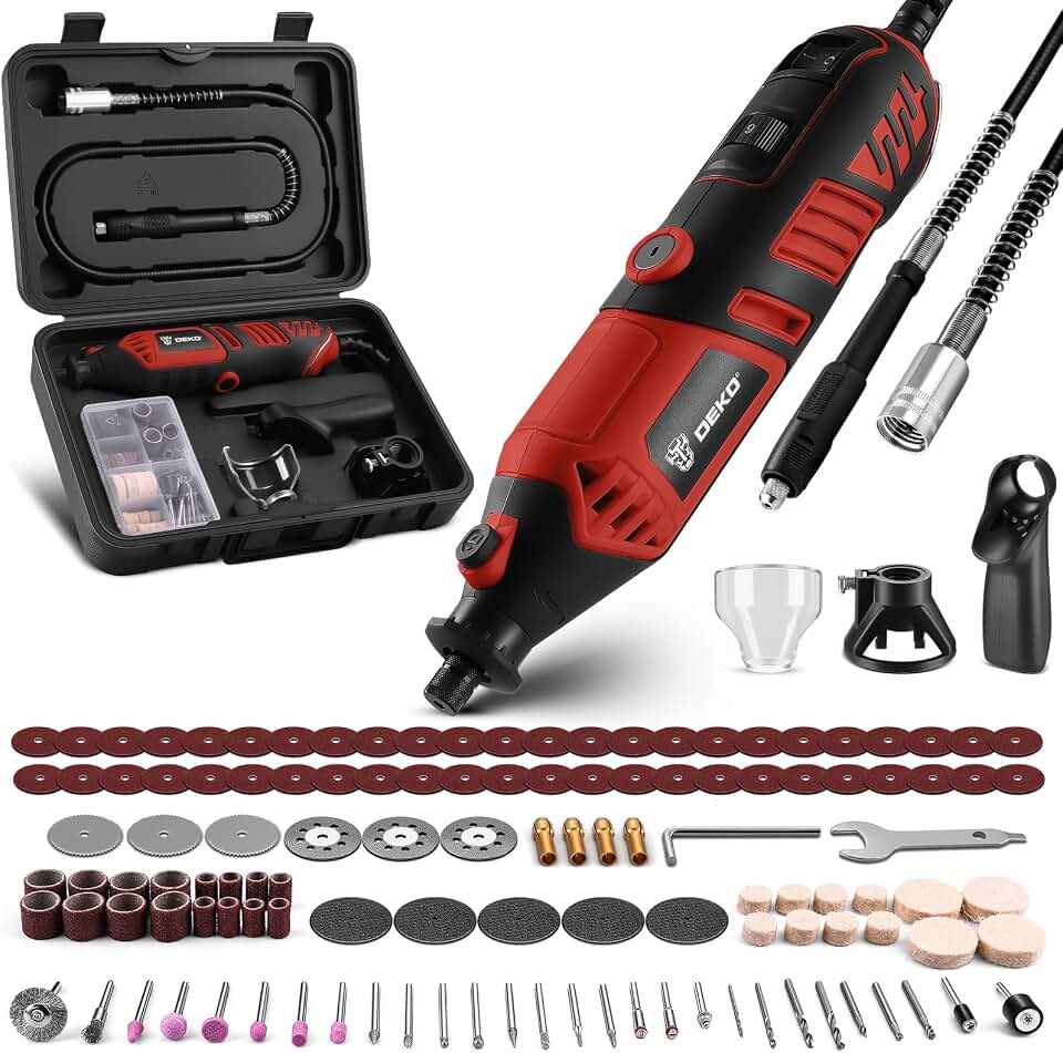 DEKOPRO Rotary Tool Kit, 1.5-Amp Corded Power Rotary Tools with 42" Flex Shaft, 6 Variable Speed, 8,000-35,000 RPM, 129 Pcs Accessories Kit for Cutting, Sanding, Grinding, Carving &amp; DIY Projects Red
