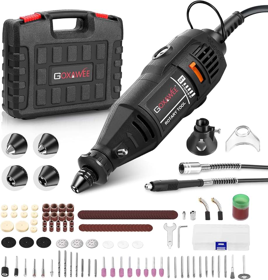 GOXAWEE Mini Rotary Tool Kit with Flex Shaft &amp; Keyless Chuck -140Pcs, Black | 5 Variable Speed Corded Power Rotary Tools Set for DIY Crafts &amp; 3D Prints Sanding Engraving Cutting Grinding Polishing