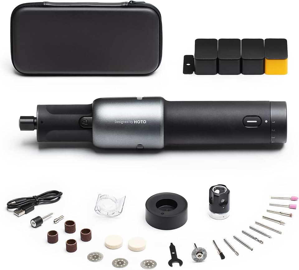 HOTO Cordless Rotary Tool Kit, 5-Speed for 3D Printer Sanding &amp; DIY | Strong Motor Engraving Pen, 5000-25000RPM, LED Light, UBS-C, 35-in-1 Storage Bag for Polishing, Drilling, Carving, Cutting