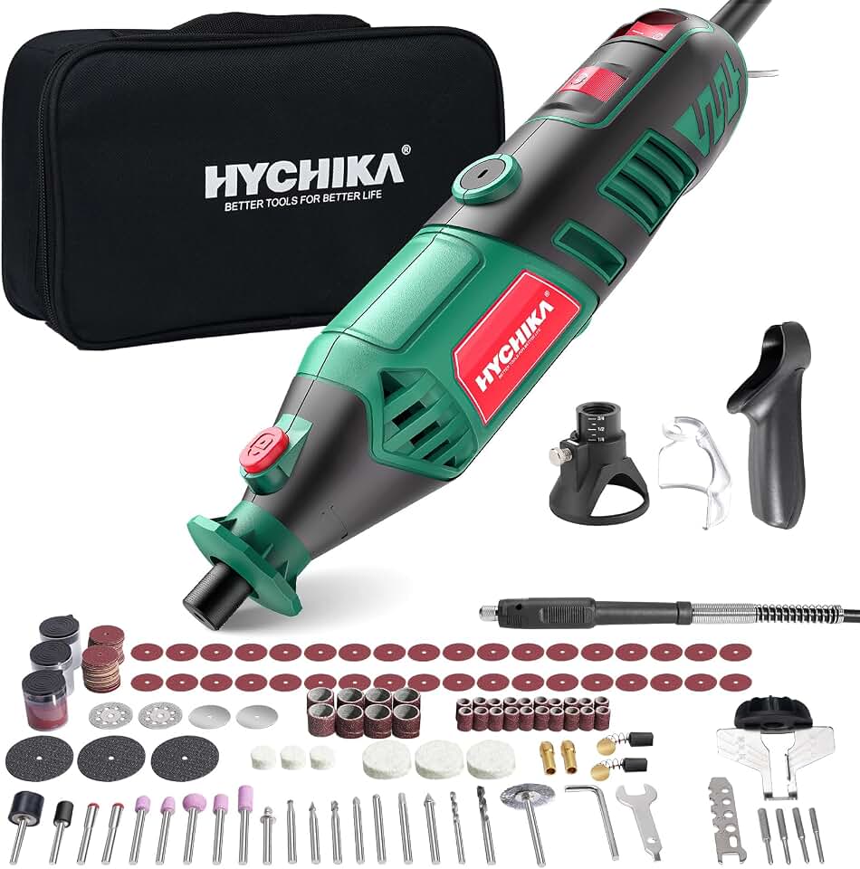 HYCHIKA 8000-35000 RPM Variable Speed Rotary Tool Kit with 179 Pcs Accessories, 180W Power Rotary Tool with Grinding Chain Bracket Flex Shaft for Wood Carving, Grinding, Cutting, Sanding, Polishing