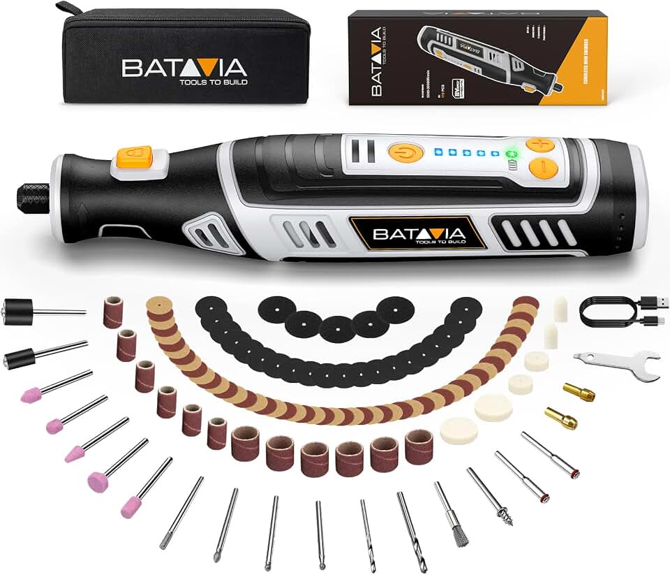 BATAVIA 8V Cordless Rotary Tool, 5 Speed 117PCS Kit for Engrave/Sand/Drill | Brushless Motor, LED Light, Lownoise, 5 Speed, 30000 RPM, 117 Accessories, 2000mAh, Polishing, Carving, Drilling, DIY Crafts