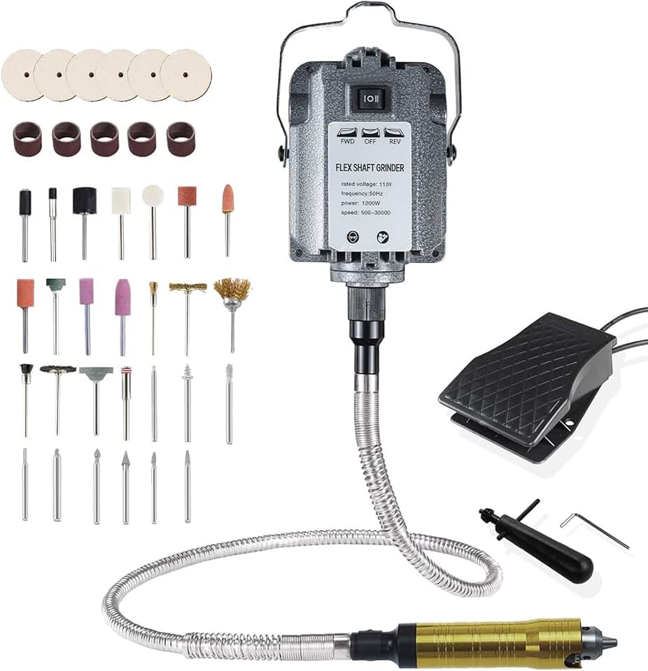 1200W 30000RPM Rotary Tool with Flex Shaft, Electric Flex Shaft Rotary Tool, Flex Shaft Grinder Foot Pedal Control Electric Hanging Carver, Wall Mount, Metal Flexible Shaft with Polishing Accessories