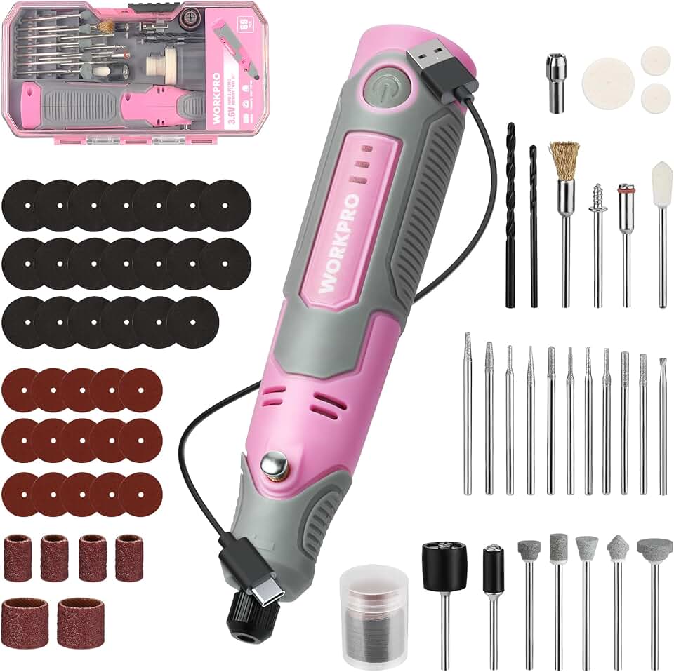 WORKPRO Mini Cordless Rotary Tool, 71PCS Kit for Engraving/Sanding/Drilling | 12000-17000RPM, Low Noise, Lightweight, 3-Speed, Ergonomic Handle, Pink Ribbon, DIY Tool for Craft Carving &amp; Polishing
