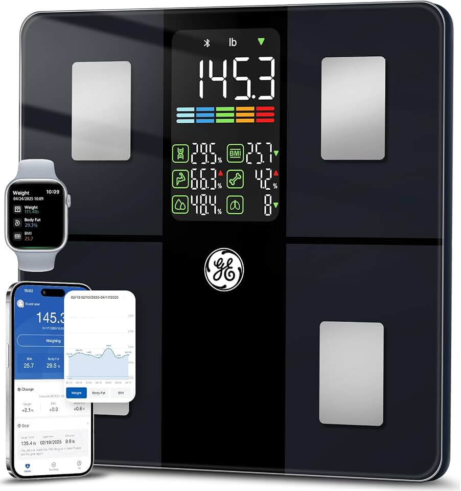 GE Smart Scale for Body Weight, BMI, Body Fat, Muscle Mass, Large Display | 14 Metrics Body Composition Scale for Bathroom, 5.3-inch Screen, Accurate Weighing with Bluetooth Sync, Black ClimeCo Certified