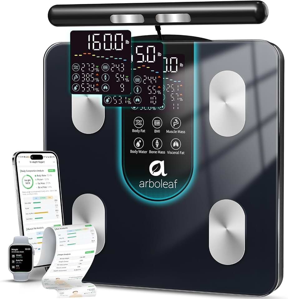 arboleaf Smart Scale for Body Weight, Dual-Frequency 8-Electrode BIA | 7-in-1 display shows key stats fast; App unlocks 50+ metrics, trend charts, family profiles, plus data syncing and reports