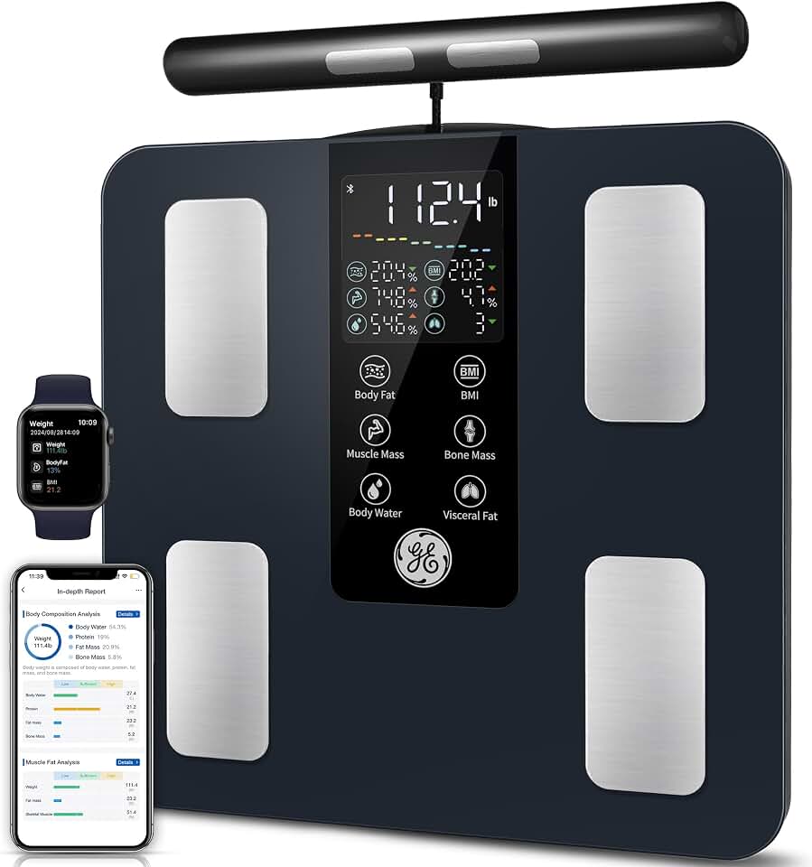 GE Smart Scale for Body Weight: Full Body Composition Analyzer, 50+ Metrics | 8-Electrode Digital Bathroom Scale for Body Weight Fat BMI Muscle Mass Bluetooth, Accurate Weighing Machine 400lb, Black ClimeCo Certified