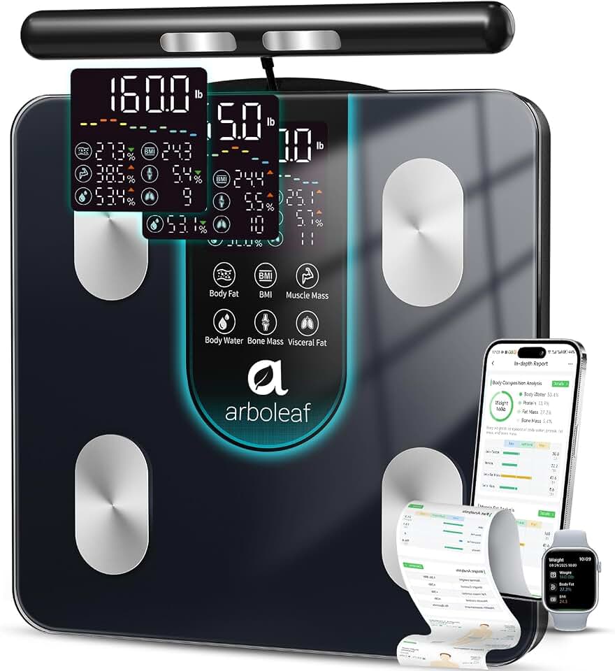 arboleaf Smart Scale for Body Weight, 8-Electrode Scale with Handle | App unlocks 50+ metrics, trend history, family profiles, and report sharing, while the display shows 7 key stats at a glance