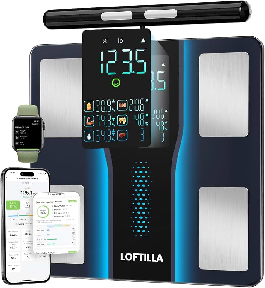 LOFTILLA Scale for Body Weight, BMI, Body Fat, Muscle Mass, 5.4" Display | 8-Electrode Smart Scale, 50+ Body Composition Metrics, Highly Accurate, Bluetooth App Sync, for Bathroom and Gym Use,Black