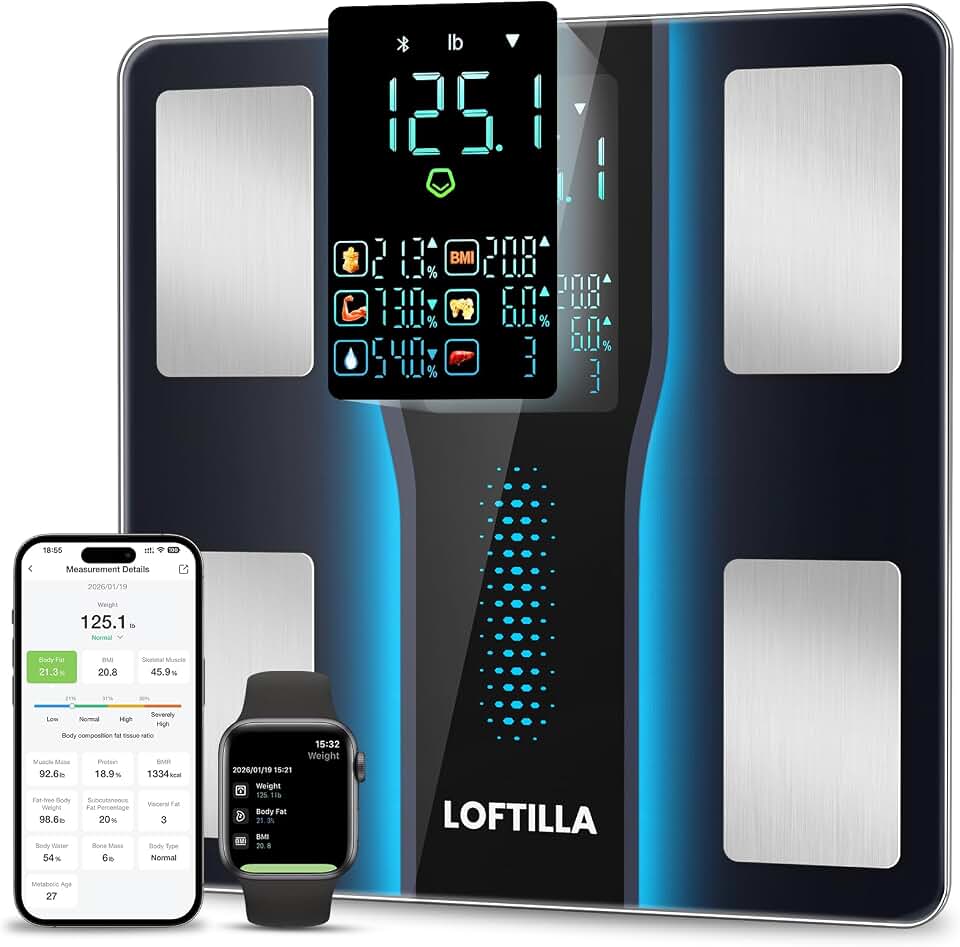 LOFTILLA Smart Scale with BMI, Body Fat, Muscle Mass, 8-in-1 Display | Digital Bathroom Weight Scale with 14 Body Composition Metrics, Bluetooth App Sync, for Home and Gym Use,Black