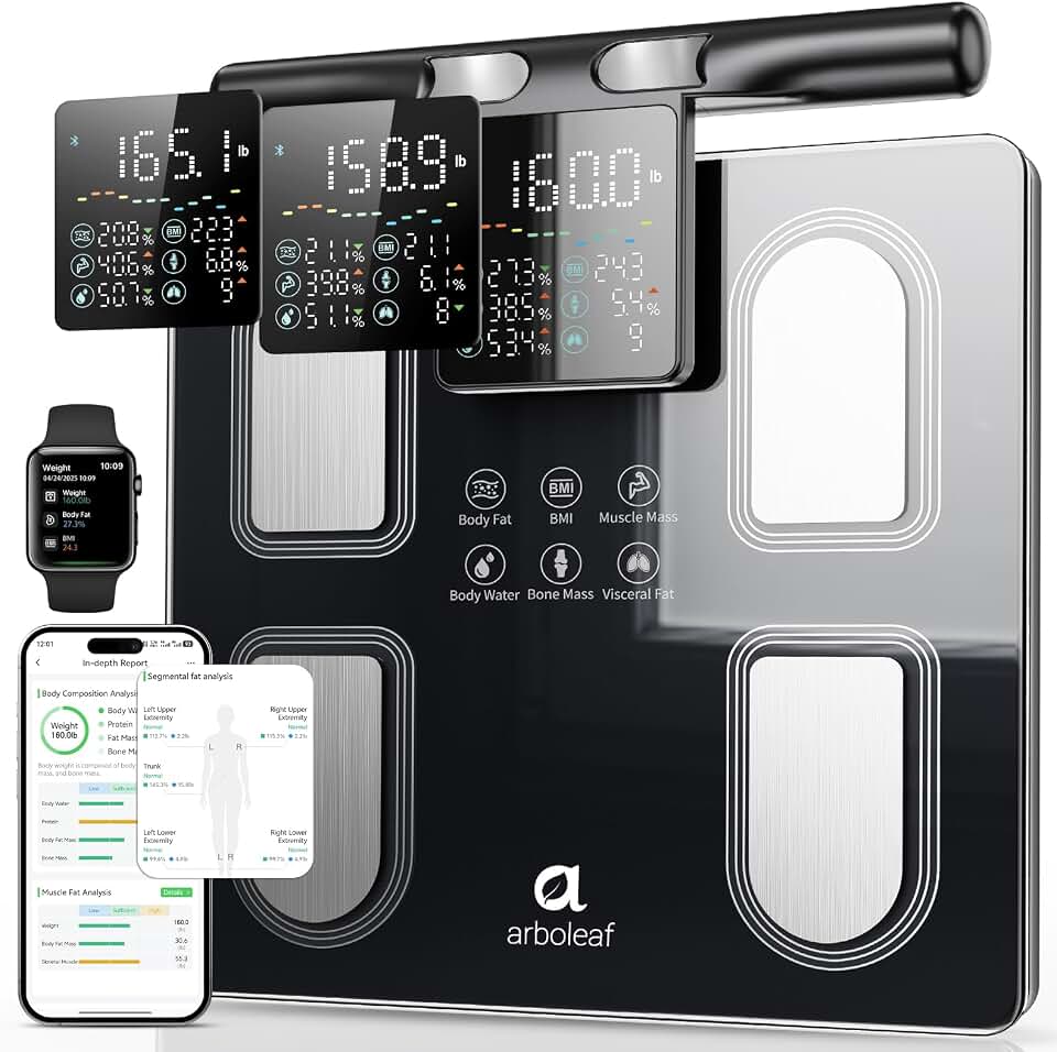 Arboleaf 8-Electrode Body Composition Scale with Handle Display, Black | Eye-level 5.3-inch Display, 50+ Body Metrics, Bluetooth App Sync, and 400 lb Capacity for Everyday Home Fitness Tracking