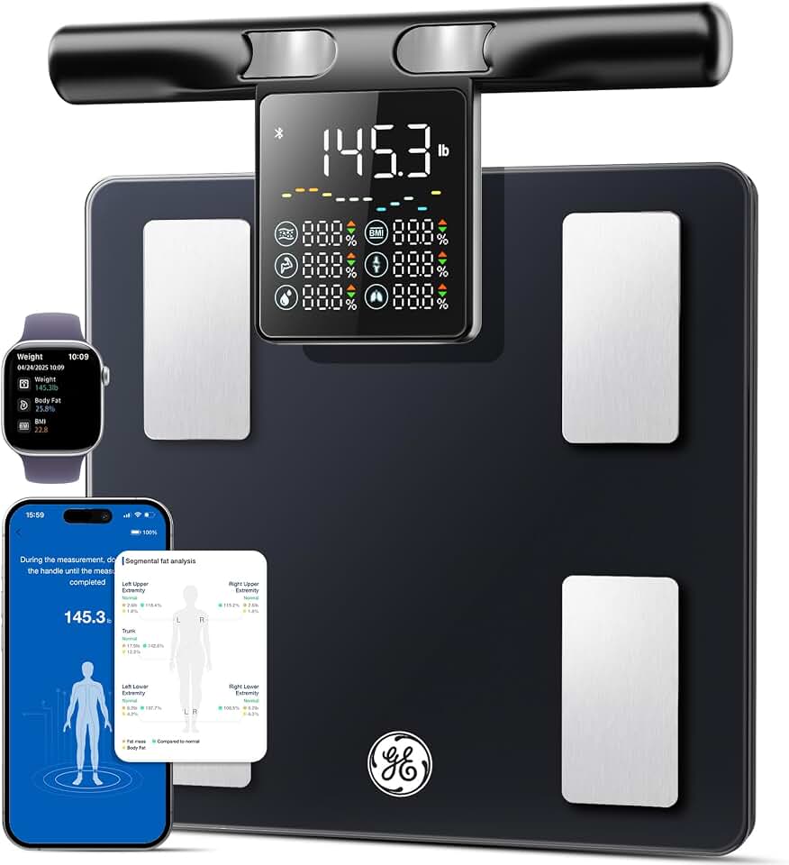 GE Smart Scale for Body Fat with BMI Muscle Mass, 5.3-inch Handle Display | 8-Electrode Weight Scale, Full Body Composition Analysis, for Bathroom and Gym, 50+ Metrics, Bluetooth App Sync, Black