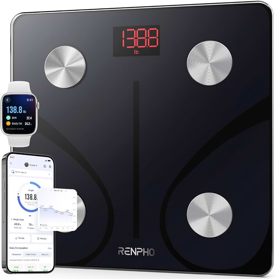 RENPHO Smart Scale for Body Weight, BMI &amp; Body Fat, 13 Metrics, Elis 1 | Bathroom Digital Bluetooth Scale with 400lbs Capacity, Syncs with Fitness Apps, Accurate for Weight Loss, Fitness, Home Use Global Recycled Standard