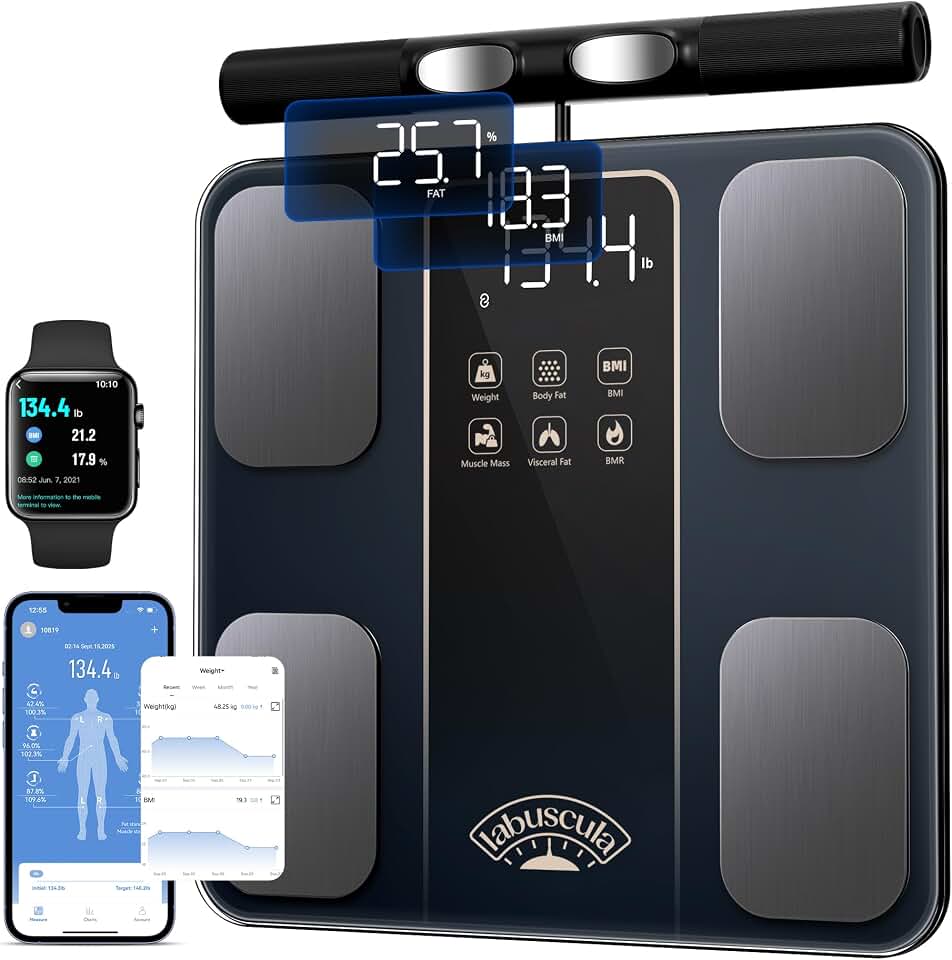 Body Composition Scale with Handle, 8-Electrode Smart Scale | Digital Bathroom Scale for Body Weight with BMI, Body Fat, Muscle Mass, 50+ Metrics, Dual-Frequency BIA, Bluetooth App Sync