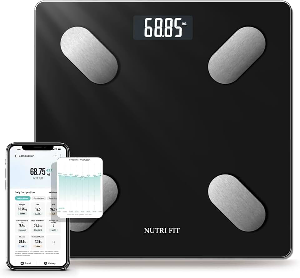 NUTRI FIT Smart Scale for Body Weight Body Fat Composition Monitor Sync App | Bluetooth Sync, Backlit Display, Max 330lb 0.1lb, Digital Bathroom Scale for BMI Muscle, Health Equipment, Home User
