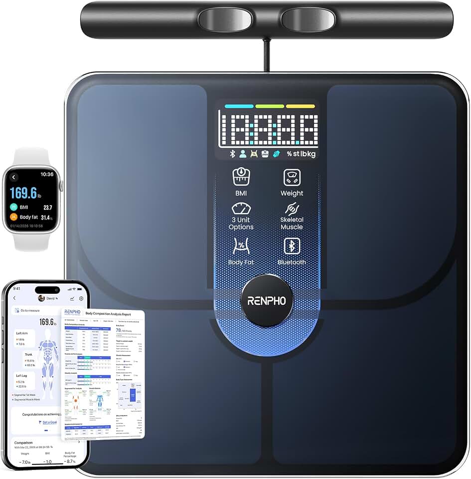 RENPHO MorphoScan Lite Body Composition Scale with Handle, Clear Display | Smart Scale with BMI, Body Fat, Muscle Mass, 8-Electrode Scale with Health App, 50+ Metrics, Digital Bathroom Scale, Home Use Global Recycled Standard