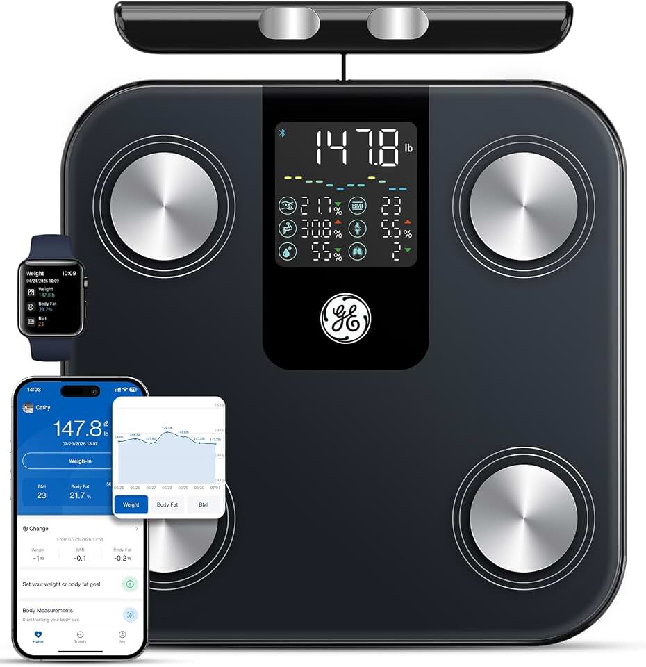 GE Smart Scale for Body Weight: Full-Body Composition Analysis, Black 11" | 8-Electrode Digital Bathroom Scale with BMI Body Fat Muscle Mass, 50+ Metrics Bluetooth App Sync Large 5.3" LED Display 400lb