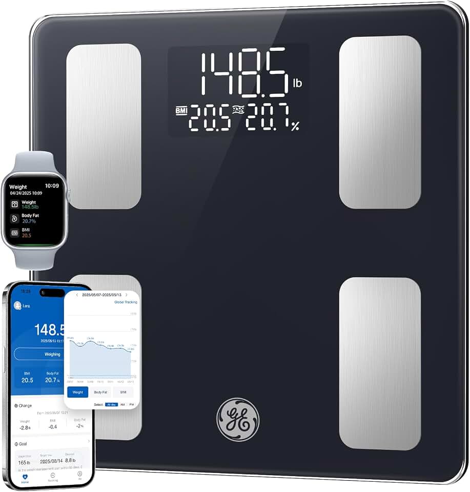 GE Smart Scale for Body Weight: BMI Body Fat, Digital Bluetooth Scale 400lb | 13 Body Composition Monitor Health Analyzer for Home Gym, Accurate Bathroom Scale, App Sync Weighing Capacity Black 11inch